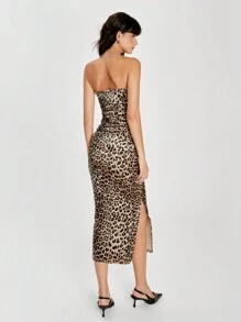 SHEIN EZwear Leopard Print Side Slit Velvet Bodycon Tube Dress