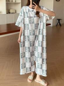 DAZY All-Over Letter Print & Adorable Cartoon Bear Pattern Loose Fit Jumpsuit Pajama - Blue - View 4