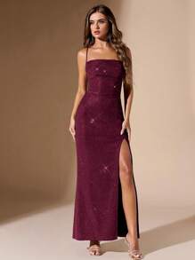 SHEIN BAE Váy xẻ hở lưng hở lưng cho nữ, ôm sát khi dự tiệc - Màu Đỏ Sâu - Xem 5