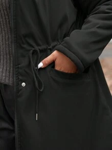 Calvaya Plus Size Women Letter Printed Cinched Waist Long Sleeve Hooded Padded Long Parka, Winter Clothes Jacket Coat - Black - View 8