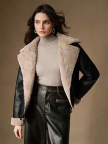 Anewsta Veste femme en PU noir et col  de lapin