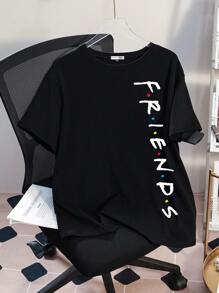 FRIENDS X SHEIN Plus Size Summer Letter Print Round Neck Short Sleeve T-Shirt