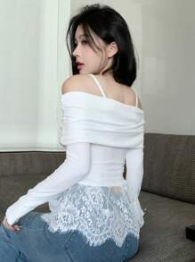 DAZY 女士露肩长袖蕾丝撞色T恤，秋季服装 - 白色 - 查看 2