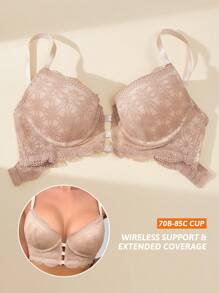 1pc Women's Lace Front Hook Closure Wire Lingerie Bra - Apricot - View 3