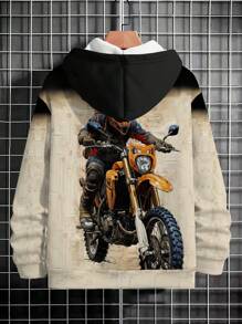 Tween Boy 连帽运动衫，渐变彩色越野摩托车和街头图案印花，舒适休闲 - 黑色 - 查看 2