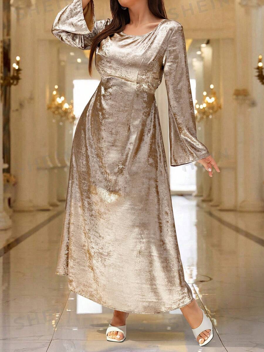 Celure Plus Size Women's Round Neck Flare Sleeve Loose Metallic Fabric Elegant Dress For New Year Holiday Party Clothes Maxi Women Outfit