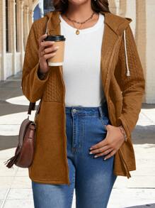 Plus Size Solid Color Front Zipper Long Sleeve Simple Casual Hooded Coat - Brown - View 5