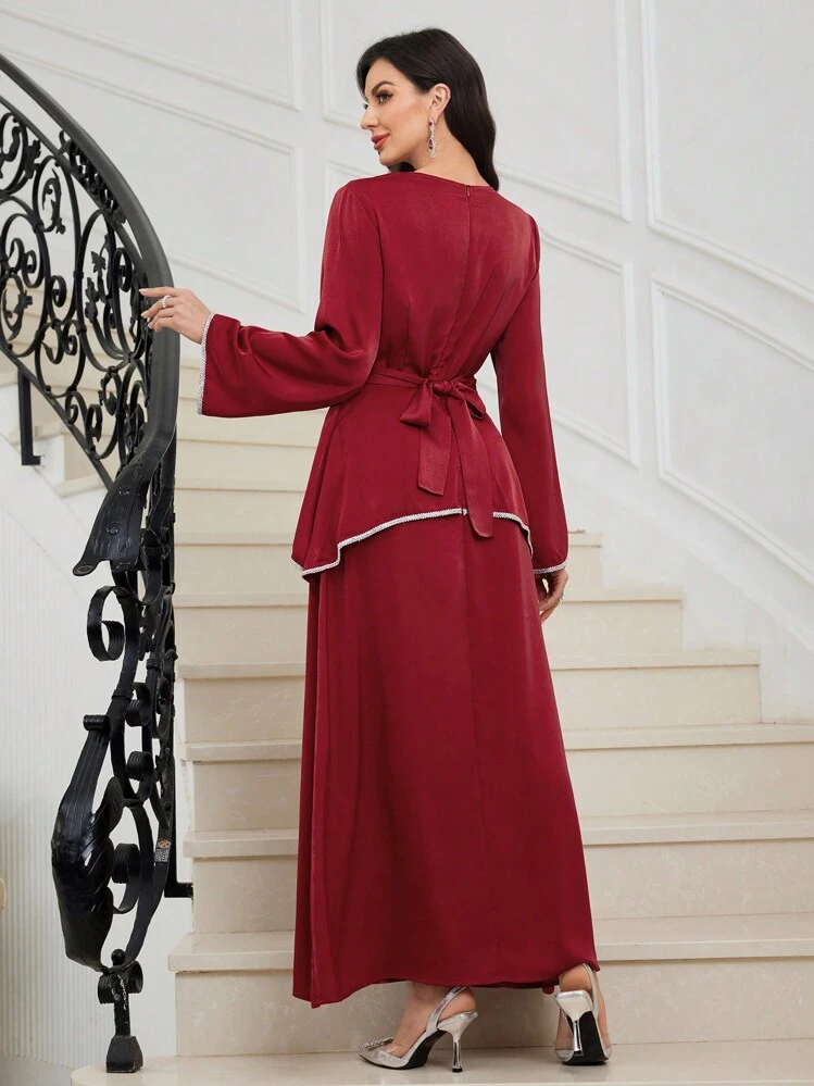 shein burgundy maxi dress SHEIN Burgundy Polka Dot Wide Waistband Button Detail Maxi Dress Women –  Yusen and Miller Distribution Services main image 0