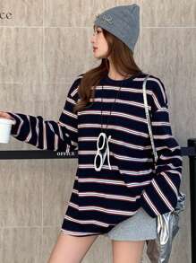 DAZY Striped Loose Drop Shoulder Long Sleeve Round Neck Women T-Shirt,Fall Clothes