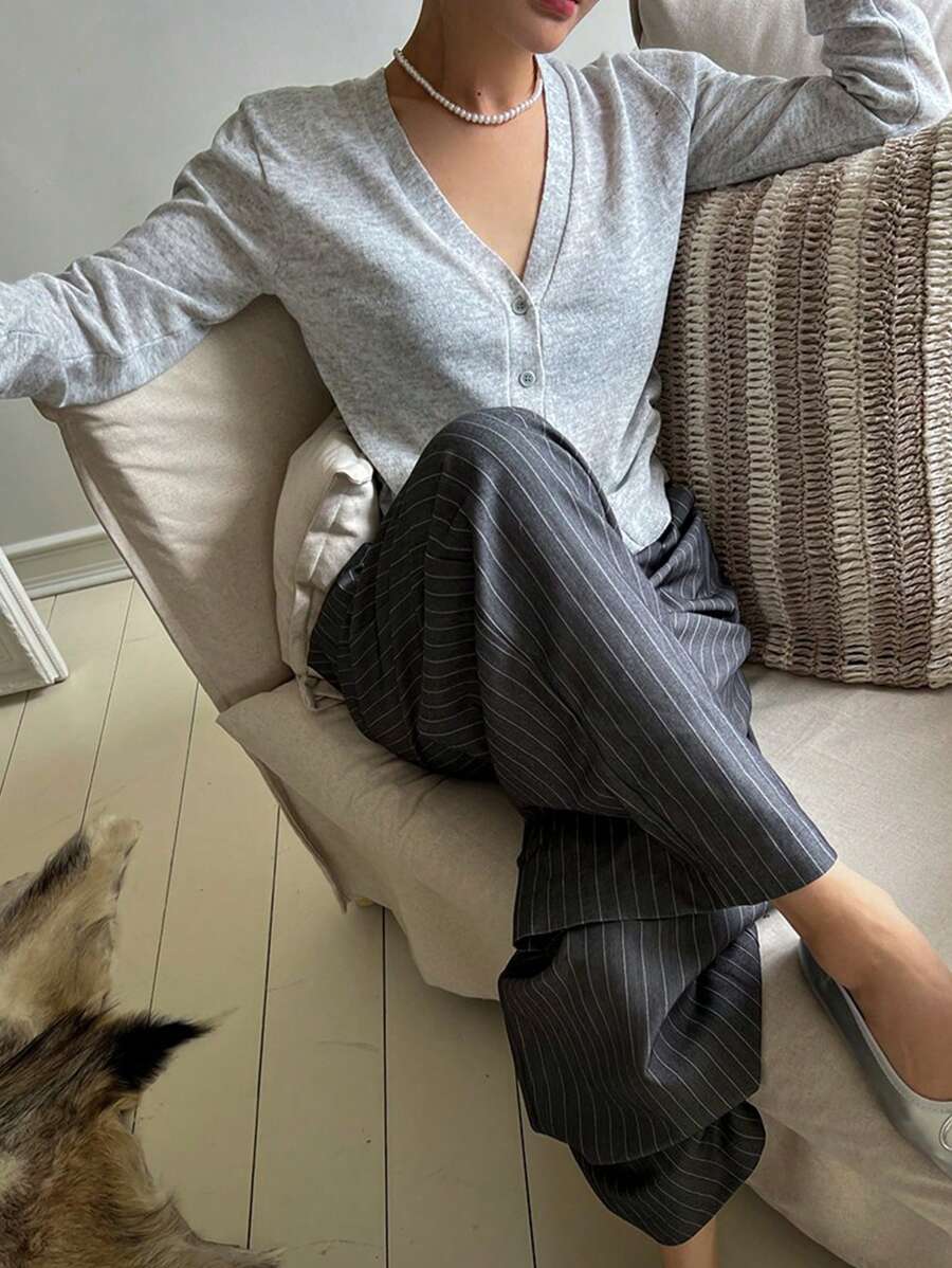 DAZY Women V-Neck Solid Color Cardigan Sweater, Spring/Autumn - Grey - View 1