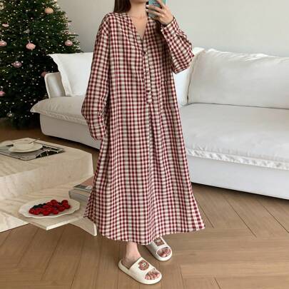 여성용 앞면 버튼 긴소매 심플 캐주얼 격자 무늬 루즈 하프 지퍼 잠옷, 신학기 파자마, 무무, 가을