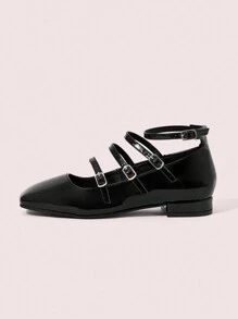 CUCCOO DOLLMOD Women's Black Multi-Strap Low Heel Square Toe Mary Jane Flats, Suitable For Commuting, Dating, Gathering, Strolling, And Parties Valentine's Day - Black - View 2