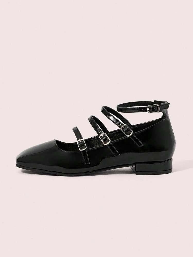 CUCCOO DOLLMOD Women's Black Multi-Strap Low Heel Square Toe Mary Jane Flats, Suitable For Commuting, Dating, Gathering, Strolling, And Parties Valentine's Day