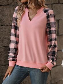 EMERY ROSE Plaid Raglan Sleeve Notched Neckline Sweatshirt,Long Sleeve Tops Pullover Fall Sweatshirt - Pink - View 4