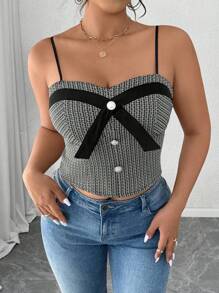 Calvaya Plus Size Patchwork Elegant Camisole Top For Outgoing & Party Graphic Tees Women Tops Bow - Multicolor - View 3