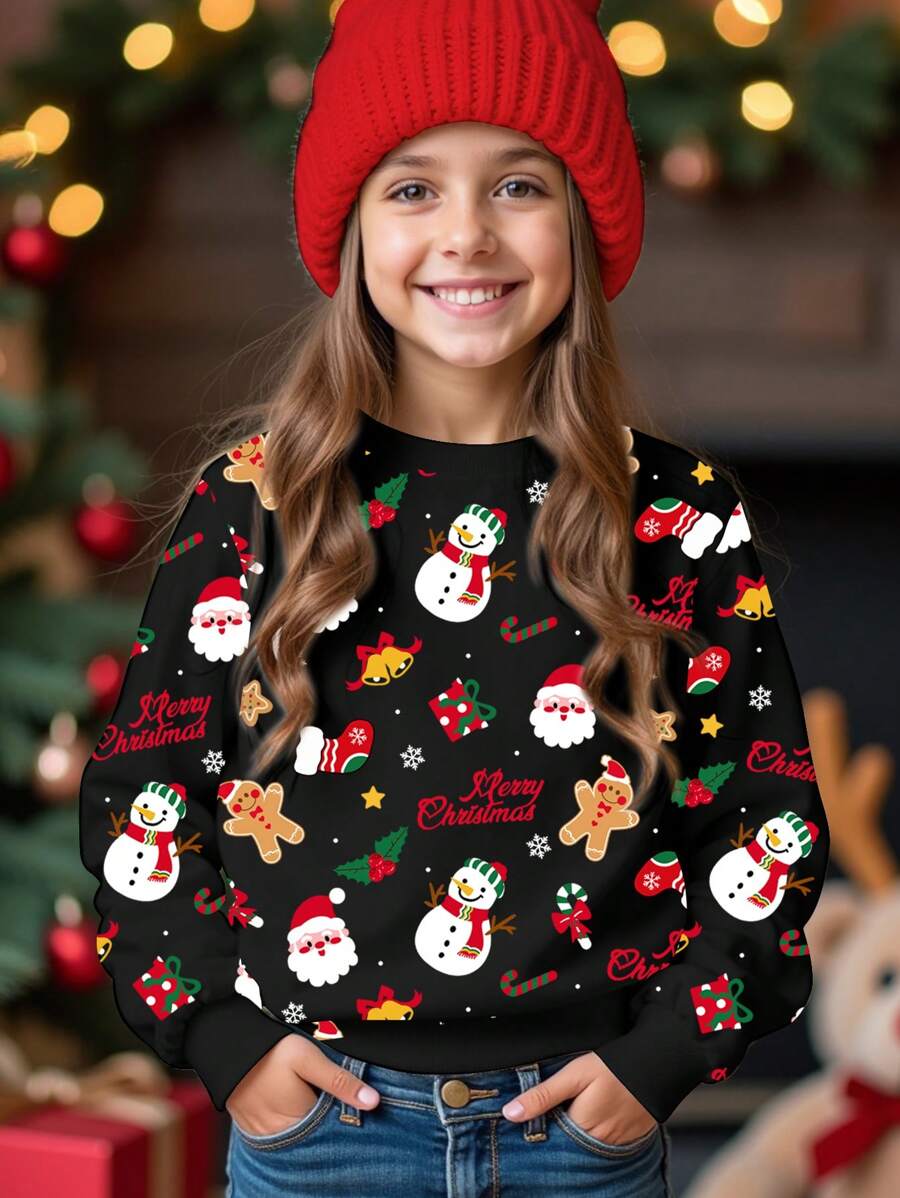 SHEIN 圣诞雪人和姜饼人卡通印花休闲宽松保暖内衬套头衫，少女，适合秋冬季圣诞装 - 彩色 - 查看 1