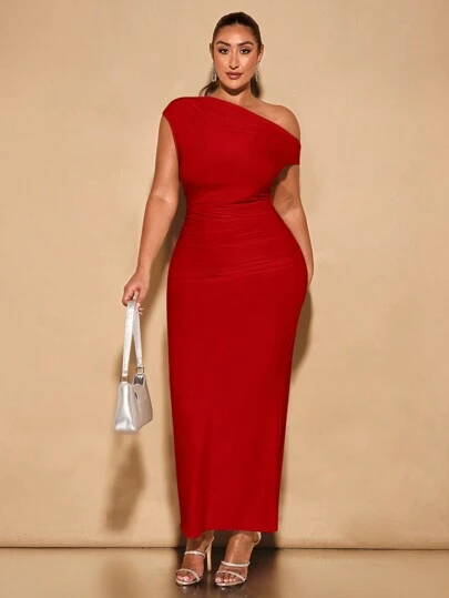 SHEIN BAE 大码女式纯黑色不对称肩部褶饰紧身连衣裙，夏季、女士生日礼服