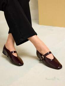 MOTF PREMIUM WOMEN'S COMMUTER CASUAL COMFORTABLE VERSATILE MARY JANE SQUARE TOE FLATS, FOR NEW YEAR HOLIDAY, SPRING SHOES SPRING BREAK EASTER FOR CHRISTMAS SPRING SHOES - Burgundy - View 5