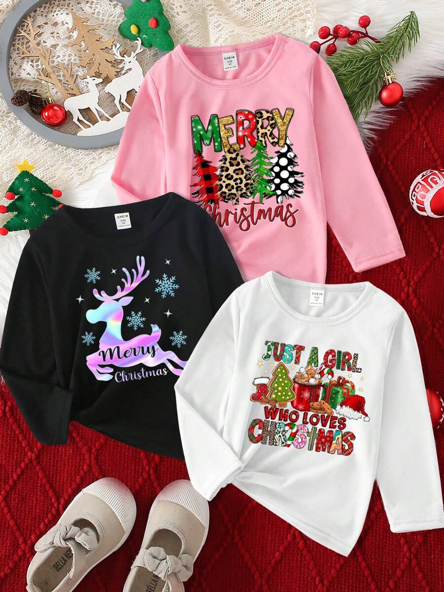 3pcs/Set Young Girl Casual & Fashion Christmas Reindeer, Christmas Tree, Slogan Print Crew Neck Long Sleeve T-Shirts, Suitable For Christmas Party - Multicolor - View 1