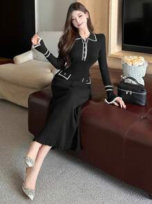 DAZY Women's Fitted Tight Colorblock Sweater Dress - Black - View 2