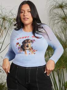 Animal Planet X SHEIN Women's Plus Size Long Sleeve Crew Neck Top With Puppy Dog Print, Mesh Splice, Fashion , Fresh, Comfortable, Y2K Style