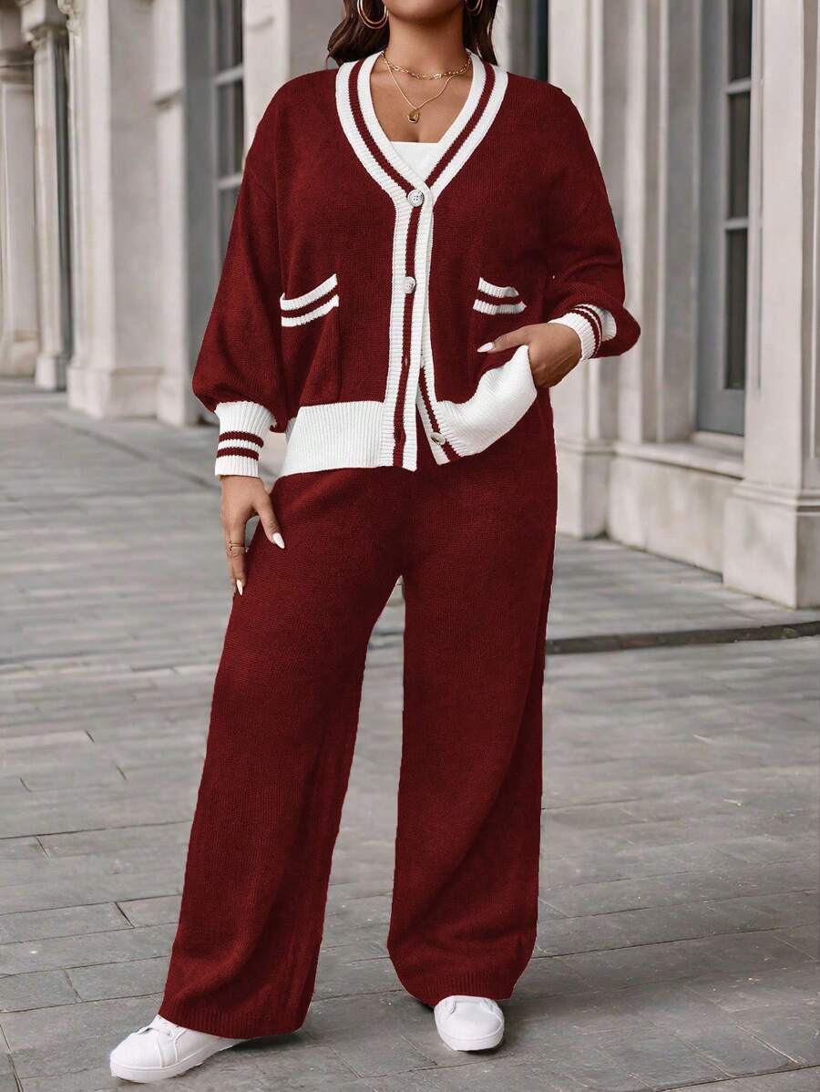 Calvaya Plus Size Women's Stripe Single-Breasted Cardigan And Sweater With Trousers Casual Outfit, Autumn/Winter - Burgundy - View 1