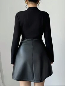 Chiquease 春秋时尚 PU 拼布腰部修身性感中长 A 字连衣裙