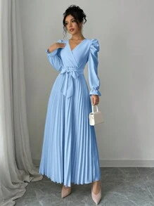 Rafferiza 女式 V 领系带羊腿袖褶皱纯色简约长裙，适合秋季长款女装 - 淺藍色 - 查看 4