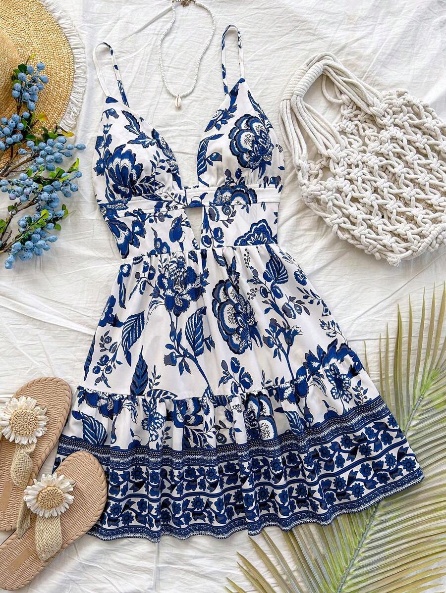 Soleia Vacation V-Neck Hollow Out A-Line Backless Slip Dress