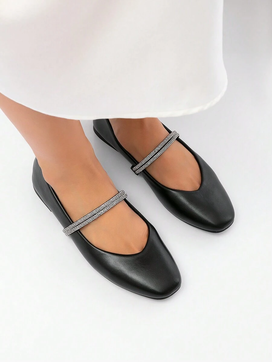 CUCCOO CHICEST Women's Black Cute Double Strap Rhinestone Flat Square Toe Flats Valentines - Black - View 1