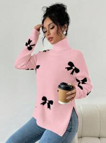 Chiquease 1 件女式高领长袖套头衫，带蝴蝶结细节，休闲简约 - 粉色 - 查看 6