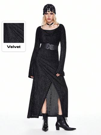 Women's Velvet Vintage Elegant Chain Cowl Neck Flared Sleeve Dress