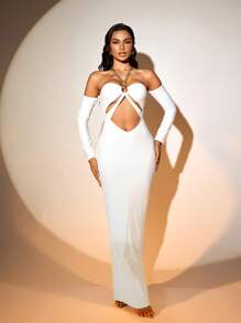 SHEIN SXY Sexy Party Club Chain Decor Hollow Shoulder Off Shoulder White Mini Dress