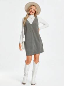 SHEIN LUNE Women Casual Street Chic Airport Style Green Corduroy Suspender Dress, Winter - Green - View 5