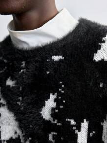Maija 2025 New Men's Loose Fit Thickened Pullover Sweater, Black & White Color-Block, Casual Wear For Christmas, New Year, Valentine's Day, Daily Life