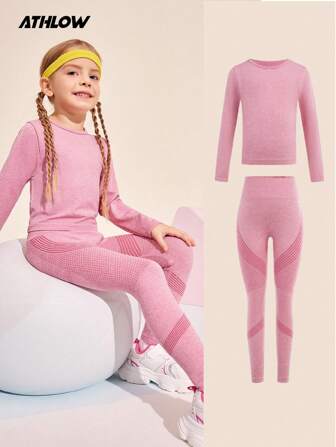 SHEIN Mädchen Sport Sets für Kleine Mädchen, Yoga Anzüge elastisch, bequem, frei dehnbar, atmungsaktiv, feuchtigkeitsableitend, modische Lässig Leggings