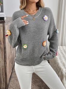 Calvaya 3D Flower Decor Women's Pullover Sweater, Simple Fashionable Casual Everyday Wear