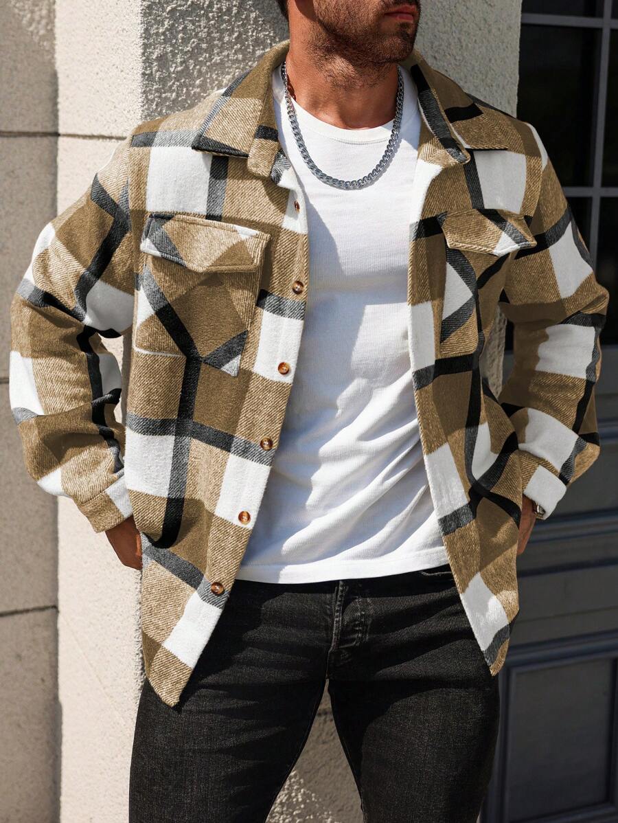 Manfinity Homme 大码男式前扣长袖口袋格子休闲夹克 - 彩色 - 查看 1