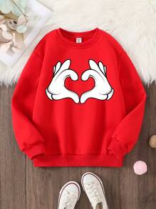 SHEIN Tween Girl Casual Heart Gesture Print Basic Crew Neck Fleece Sweatshirt For Autumn Winter (Matching Daddy And Me (4 Pieces Are Sold Separately) - Red - View 4