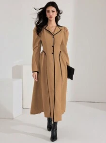 Heiryn Women's Single Breasted Bubble Sleeve Elegant Long Dress For Autumn - Brown - View 5
