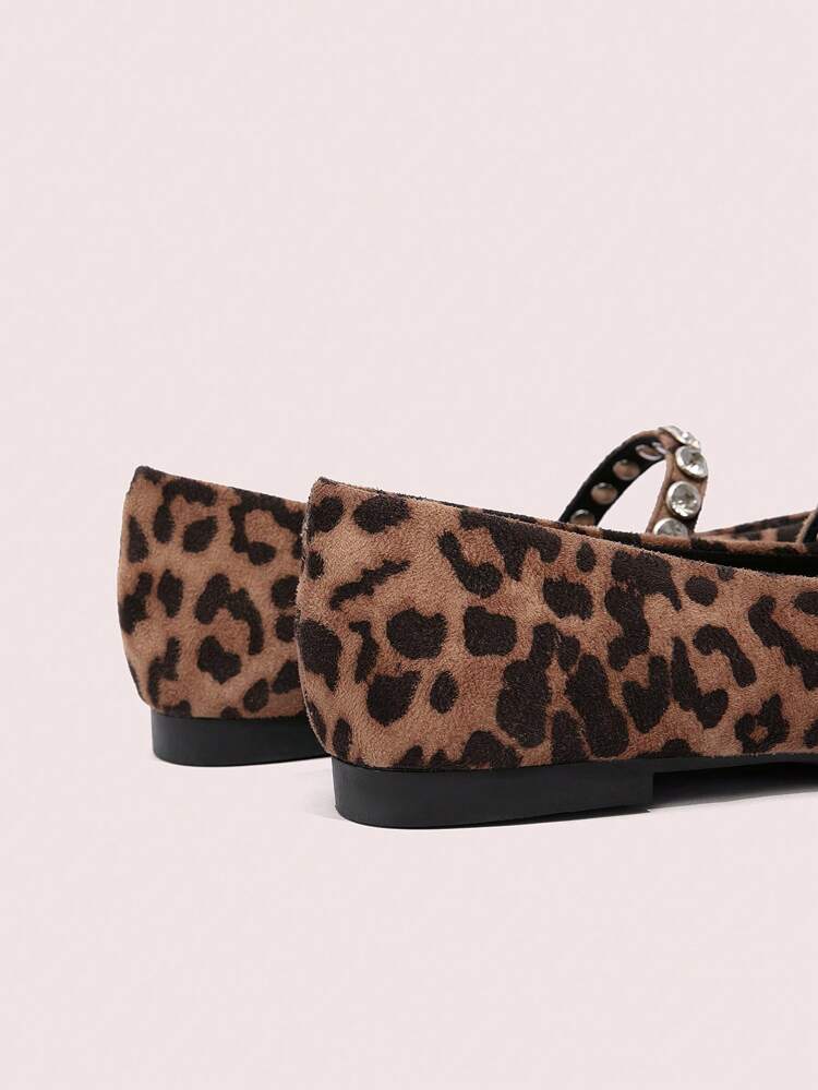 CUCCOO DOLLMOD Leopard Print Rhinestone Decor Round Toe Mary Jane Flat Shoes For Women, College Style Valentine's Day