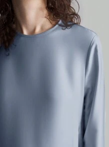 Ontre 女式 2025 新款天蓝色简约设计长袖收腰缎面连衣裙，优雅派对礼服 - 藍色 - 查看 8