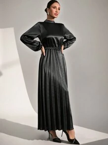 SHEIN Cottnline Women Plain Collarless Long Sleeve Simple Long Dress - Black - View 6