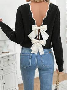 SHEIN Frenchy Women's Bow Decor Minimalist Long Sleeve Sweater, Casual Everyday Wear Winter Outfits Sweater Winter Women Clothes Girl Bow Sweaterteen Bow Sweater - Black - View 3