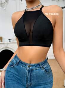 Snug Zone Women's Spliced Mesh Halter Non-Wired Bra, Sold In Single - Black - View 1