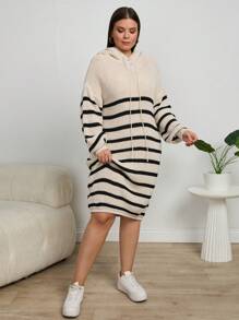 RueChic Plus Casual Striped Hooded Sweater Dress For Autumn & Winter - Multicolor - View 5