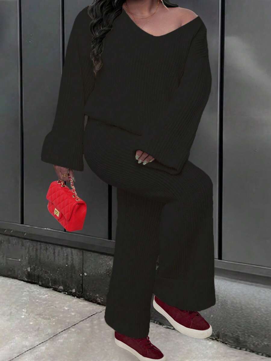 SHEIN Slayr 大码休闲纯色毛衣和裤子套装，秋冬 - 黑色 - 查看 1