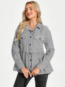 SHEIN LUNE Women's Black & White Plaid Print Peter Pan Collar Button Front Shirt, Autumn/Winter - Black and White - View 2