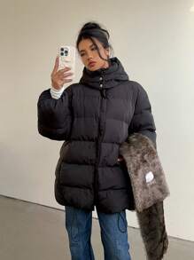 Aloruh 女士时尚厚连帽棉质中长外套，黑色 - 黑色 - 查看 3