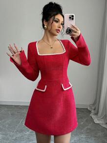 Chiquease 女士纯色拼布刺绣装饰休闲方领优雅连衣裙新年衣服